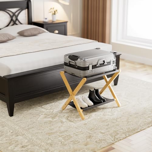 HITNET Luggage Rack, Folding Suitcase Stand for Guest Room, Bamboo Luggage Holder with Storage Shelf for Hotel Bedroom, Natural - color: Natural