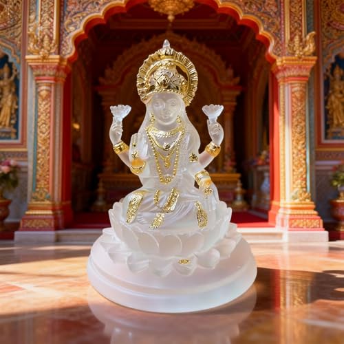 Lakshmi Statue, 4.3 Inch White and Gold Resin Laxmi Idol on Lotus
