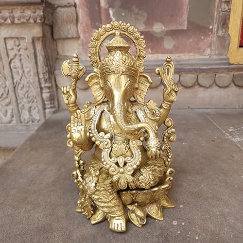 Brass Ganesha Statue 12.5 Inch Large Handmade Lord Ganesh Idol for Home Temple Decor Hindu Religious Brass Murti Spiritual Gift