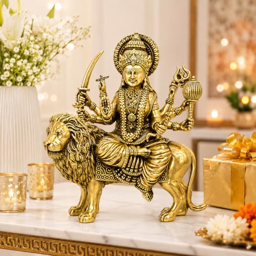 Brass Sherawali Vaishno devi Ma Durga Statue with Lion Mount Height 4" inch (Approx.) , Antique Gold Finish, Religious Hindu Idol for home temple mandir pooja room or home decor , navratri durga pooja