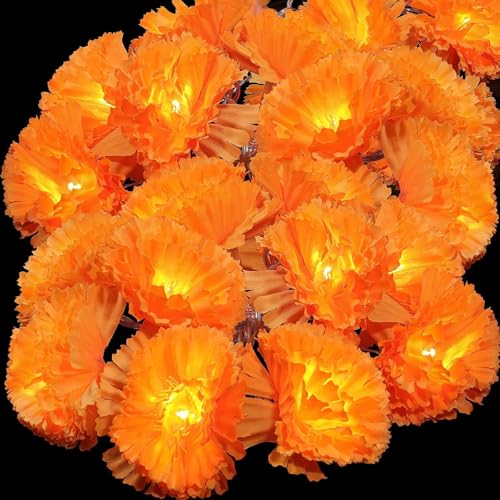 1 Pack Lighted Marigold Garland 20 LED Artificial Marigold Flowers String Lights Dia de Los Muertos Day of The Dead Decorations for Halloween Diwali Indian Party (1, 10 Ft 20 LED) - size: 10 Ft 20 LED