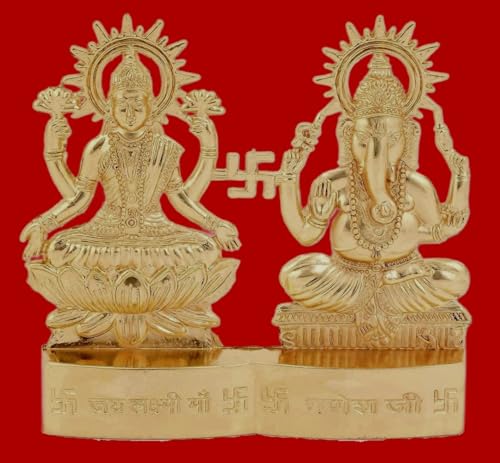 IS4A Lakshmi Ganesh Gold Plated Energized Idol Statue Figurine Wedding Festival Anniversary Diwali Puja Spiritual Gift 4 Inch