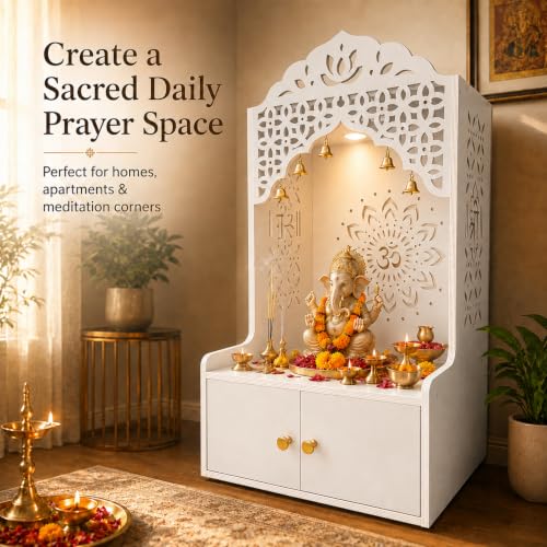 Pooja Mandir for Home in USA, Hindu Wooden Temple for Home, Indian Puja Mandir with Cabinet (White)