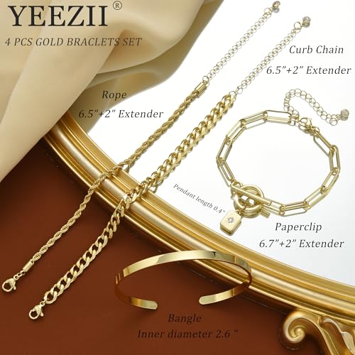 10 Pcs 14K Gold Plated Bracelet for Women, Dainty Stackable Chain Set - color: Yellow Gold