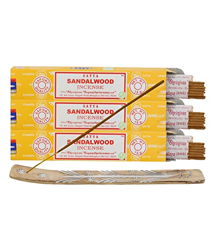 Satya Nagchampa Sandalwood Incense Sticks, Satya Bng (Bangalore) Insenses 15gmx3 Pack (45 GMS) with Raajsee Incense Holder Bundle, Satya Nagchampa Natural Incense - color: Sandalwood