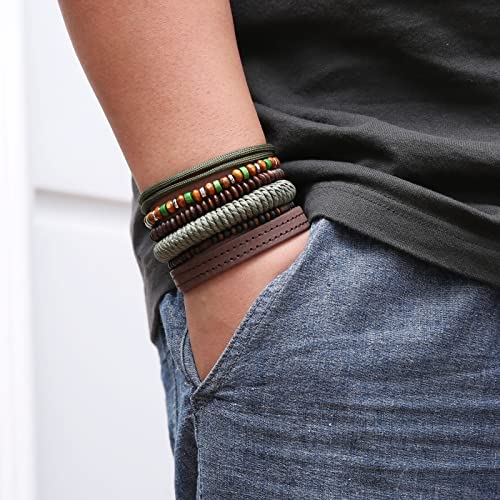 HZMAN Handmade Hemp Cords Wood Beads Leather Bracelets for Men Women - style: Wooden Beaded