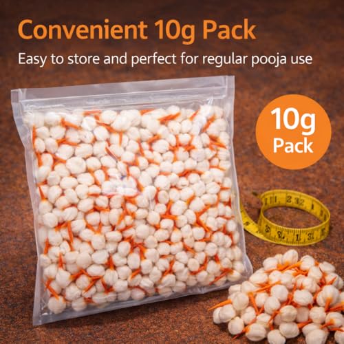 Raw Cotton Diya Batti (Kesar Tip Wicks), Hand-Made Round Shape Pooja Wicks for Diya & Oil Lamp, 10g, White