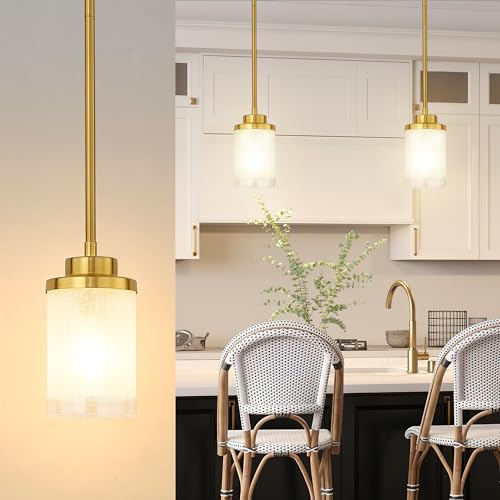 TENGXIN Brushed Gold Pendant Lights Kitchen Island, Frosted Glass Shade - color: Brushed Gold, Linen Frosted Glass, size: 4"