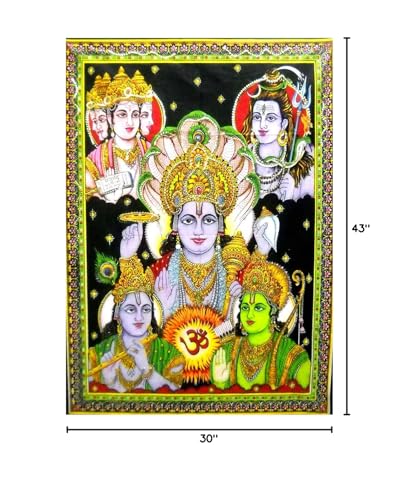 Panchdev : Lord Vishnu, Shiva, Brahma, Krishna, Rama Wall Painting religious yoga : Size 43"x30" Inches - color: Panchdev