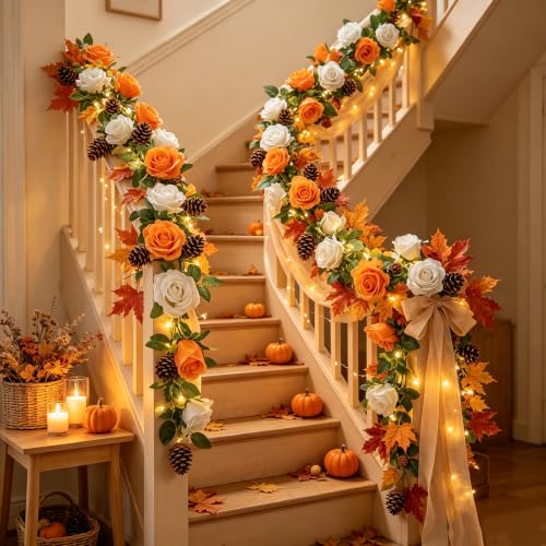 GREENTIME 2Pack Orange White Flower Garland Each 6.5FT Fake Rose Garland - color: Orange White
