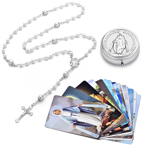 Rosary for Women with Case and 18pcs Prayer Cards, First Communion Gifts for Girls, Glass Pearl Beads and Virgin Mary Medal, Catholic Gifts - color: White