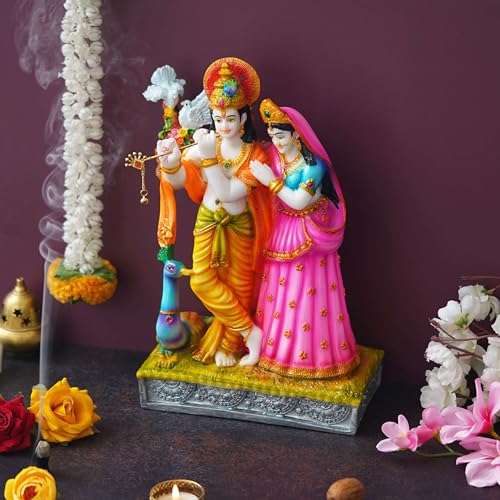 ZAYVIA Colorful Statue of Radha-Krishna with Cow Polyresin Statue(12 inches)