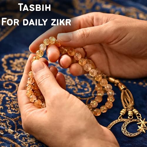 Amazing Gemstone Crystal Tasbeeh with Moon and Star Charm - Certified Crystal Muslim Prayer Beads Natural Gemstone Tasbih Gift for Ramadan Dhikr and Daily Namaz (G) - color: Citrine Natural