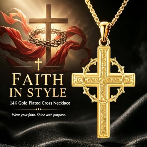 ROMANTICWORK Cross Pendant Necklace 14k Gold Plating Christian Crucifix Necklace Religious Confirmation Jewelry Gifts for Men Women - color: Crown of Thorns Cross