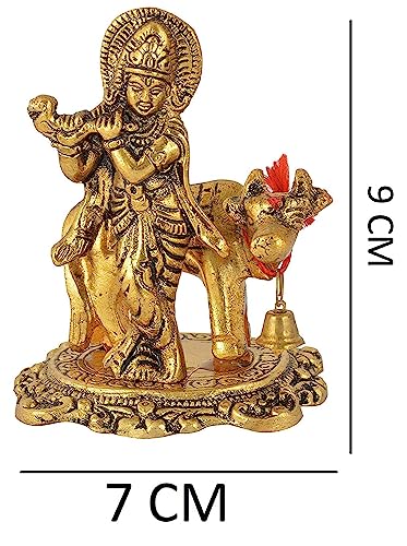 Krishna Idol with Kamdhenu Cow Made of Metal Krishanji Statue Traditional Antique Finish Figurine for Home Office Temple Decoration Puja Murti Housewarming & Janmashtami Gift (9 CM)