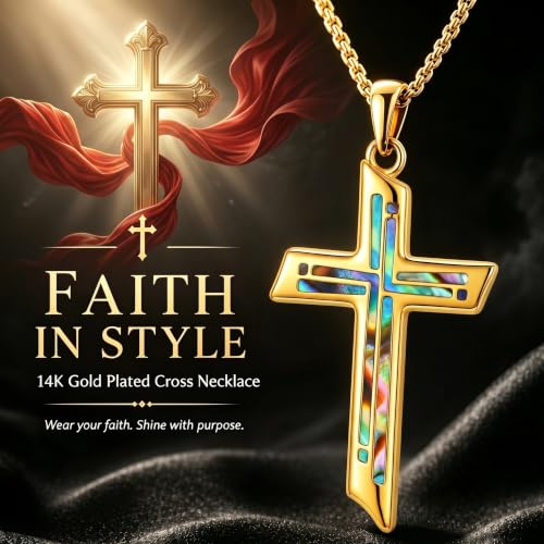 ROMANTICWORK Cross Pendant Necklace 14k Gold Plating Christian Crucifix Necklace Religious Confirmation Jewelry Gifts for Men Women - color: Abalone Shell Cross