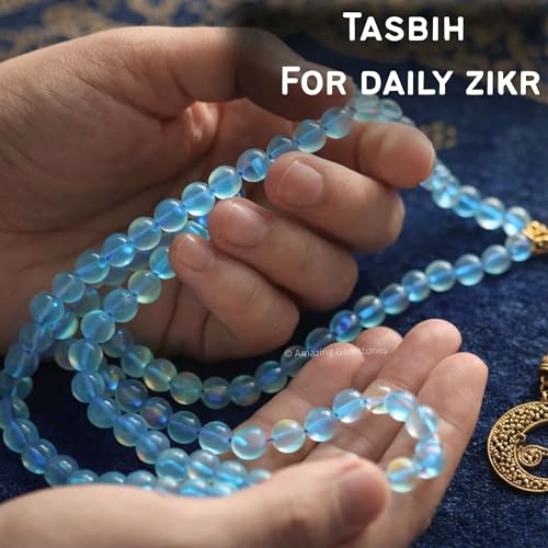 Amazing Gemstone Crystal Tasbeeh with Moon and Star Charm - Certified Crystal Muslim Prayer Beads Natural Gemstone Tasbih Gift for Ramadan Dhikr and Daily Namaz (G) - color: Blue Mermaid Glass