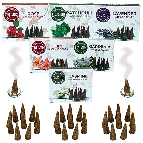 Trumiri Floral Incense Cones - Variety Pack - Total 60 Cone Incense (6 Scents x 10 Conos) - Rose, Lavender, Jasmin, Patchouli, Gardenia, Lily - Cone Incense Scents - Insense Cones - Incent Cone - color: Floral