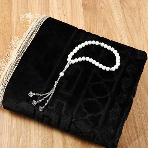 FUMMI Soft Padded Muslim Prayer Rug with Tasbih Beads, Thick Non-Slip Islamic Prayer Mat, Luxurious Janamaz for Men & Women (Black (with Counter)) - color: Black