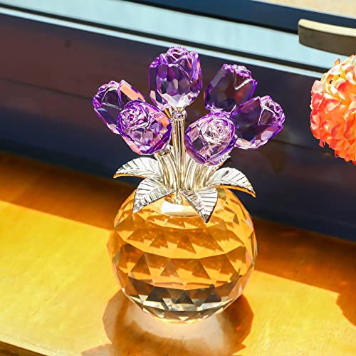 Movdyka Purple Crystal Rose Glass Flowers with Vase Figurine Home Decor - color: Purple-crystal Rose