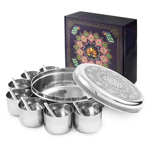 KSJONE Designer Spice Container Masala Dabba, 7 Spice Jars, Holds 7 Spices, Spice Container Box, Polished Stainless Steel with 7 Serving Spoons, Indian Masala Dabba with Lid, 8 Inch