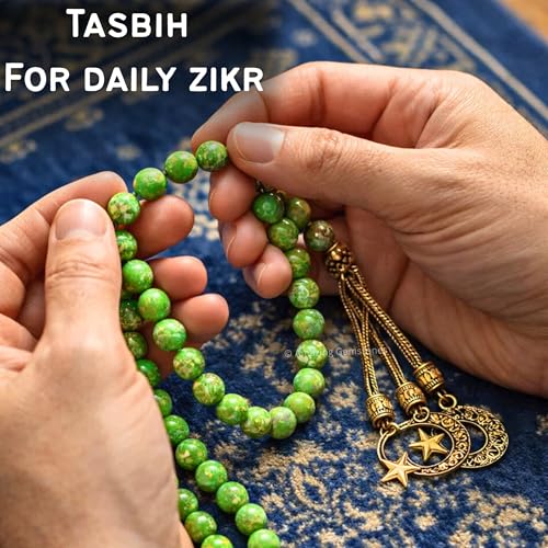 Amazing Gemstone Crystal Tasbeeh with Moon and Star Charm - Certified Crystal Muslim Prayer Beads Natural Gemstone Tasbih Gift for Ramadan Dhikr and Daily Namaz (G) - color: Green Turquoise