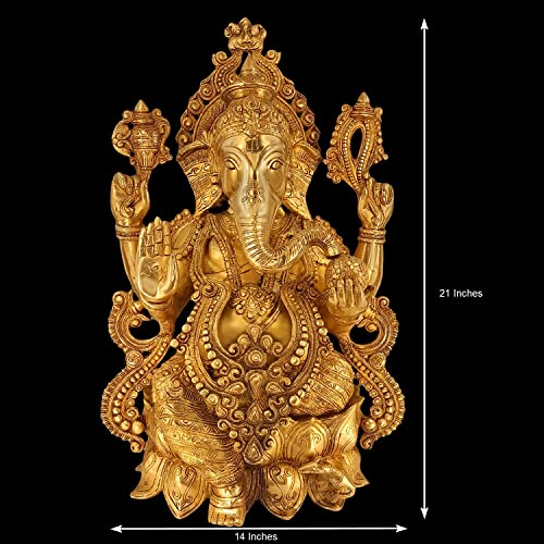 Big Brass Ganesha Idol Sitting On Lotus Bhagwan Mangalkari Ganesh Statue Ganpati Murti for Home Entrance Decor Diwali Gift Height 21 Inches