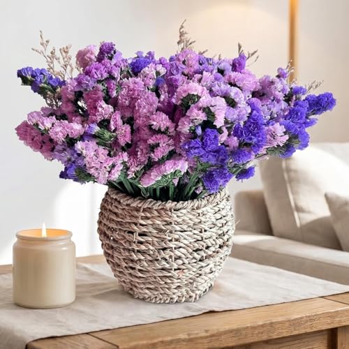 Preserved Forget Me Not & Natural Dried Purple Statice Flowers with Rattan Basket, Rustic Farmhouse Bouquet, Long Lasting Floral Centerpiece for Dining Table Home Decor Living Room