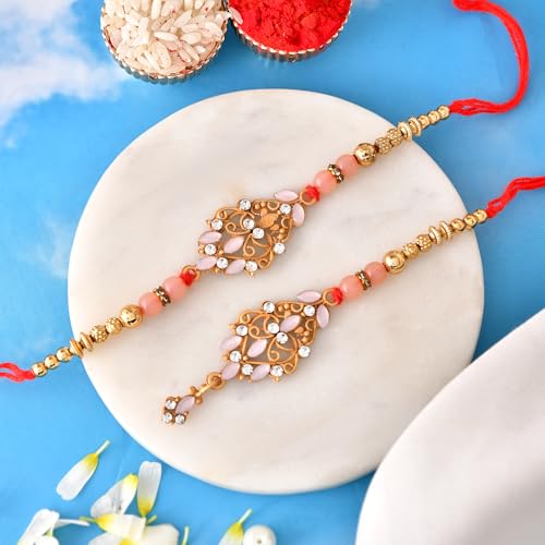 Premium Designer Bhaiya Bhabhi Rakhi Set with Lumba, Greeting Card, Roli Chawal & Fridge Magnet - color: Design-2