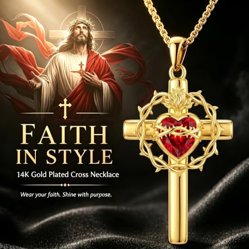 ROMANTICWORK Cross Pendant Necklace 14k Gold Plating Christian Crucifix Necklace Religious Confirmation Jewelry Gifts for Men Women - color: Sacred Heart of Jesus Cross