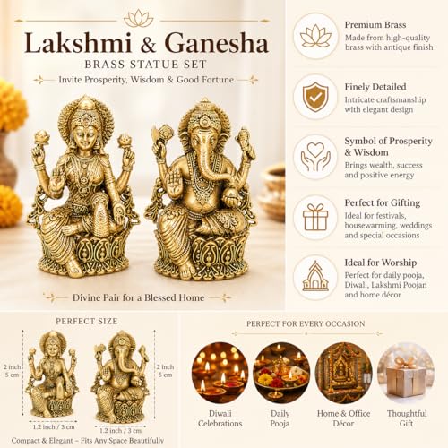 BEXCO Brass Statues, Lakshmi and Ganesha Figurines Set Height 2" inches (Approx.) Each, Lord Ganesha and Goddess Laxmi Pair for Daily and Diwali Pooja - size: 2 inch A