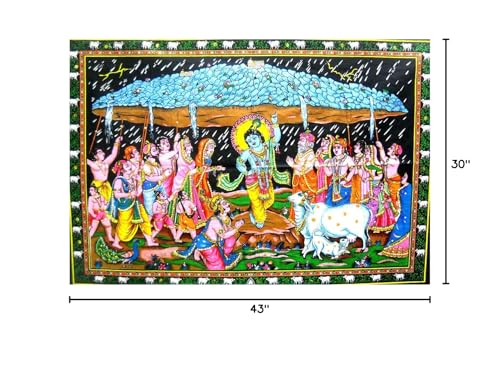 Krishna lifting Goverdhan Batik Cotton Wall Hanging Painting : Size 43"x30" Inches - color: Goverdhan