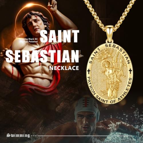 Silver/14K Gold Patron Saint Medal Amulet Necklace for Men Women - color: Gold, style: 26A-St Sebastian Swimming