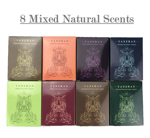 80 Pcs Backflow Incense Cones 8 Mixed Natural Scents Sandalwood Rose Green Tea Lavender Osmanthus Jasmine Ocean Apple (Incense Cones)