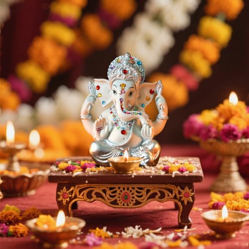 alikiki Hindu God Lord Ganesha Statue - 5.6" H Silver Toned Indian God Ganpati Idol Murti for Diwali Pooja Decor Mandir Temple Home Altar Office Shrine Puja Item Wedding Spiritual Decors