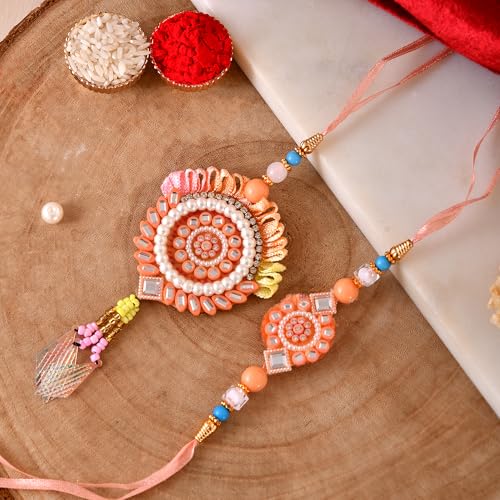Premium Designer Bhaiya Bhabhi Rakhi Set with Lumba, Greeting Card, Roli Chawal & Fridge Magnet - color: Design-3