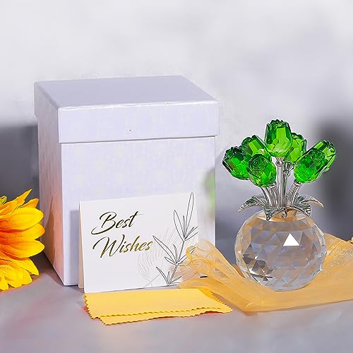 Movdyka Green Crystal Rose Glass Flowers with Vase Figurine Home Decor - color: Green -Crystal Rose