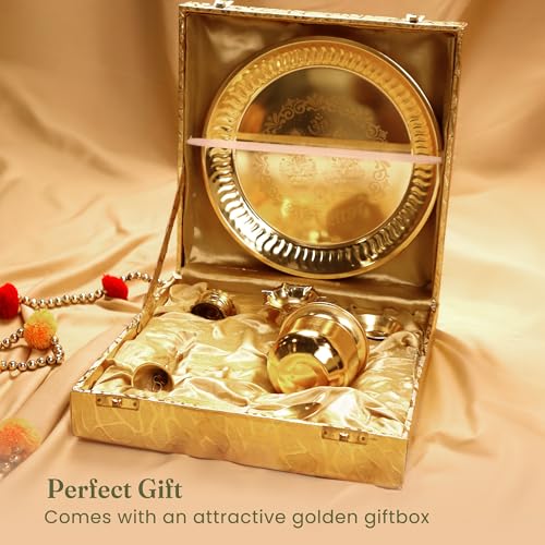 The Fine Living Co. Exquisite Gold Finish Pooja Thali 8.5 Inch, Set of 1 - style: Pooja Thali