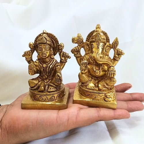 Brass Ganesh Laxmi Statue 3 Inch (530g) – Handmade Lord Ganesha & Goddess Lakshmi Idol for Home Temple, Puja Room, Diwali Decoration, Hindu Religious Gift, Brass Murti for Prosperity & Blessings