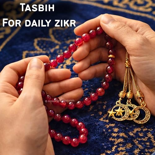 Amazing Gemstone Crystal Tasbeeh with Moon and Star Charm - Certified Crystal Muslim Prayer Beads Natural Gemstone Tasbih Gift for Ramadan Dhikr and Daily Namaz (G) - color: Ruby Jade (dye)
