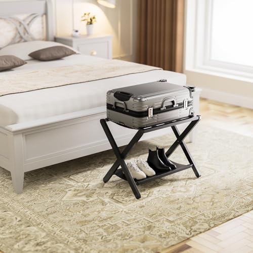HITNET Luggage Rack for Guest Room, Suitcase Stand Folding Bedroom, Bamboo Hotel Luggage Holder with Fabric Storage Shelf and Nylon Straps, Black - color: Black