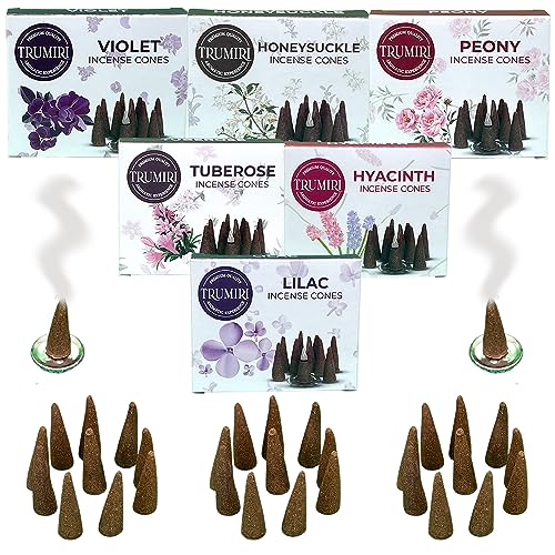 TRUMIRI Blossom Incense Cones - Variety Pack - Total 60 Cone Incense (6 Scents x 10 Conos) - Peony, Lilac, Violet, Honeysuckle, Hyacinth, Tuberose - Cone Incense Scents - Insense Cones - Incent Cone - color: Blossom