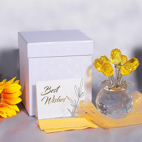 Movdyka Yellow Crystal Rose Glass Flowers with Vase Figurine Home Decor - color: Yellow-crystal Rose