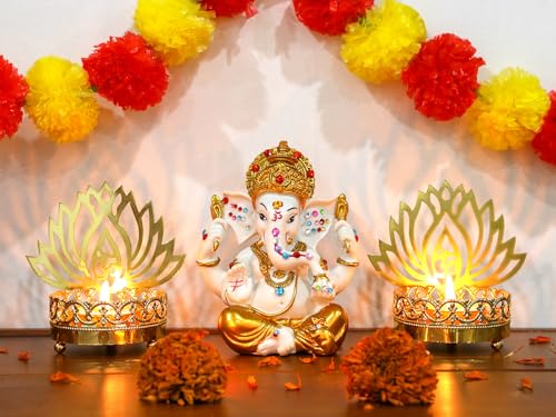 alikiki Hindu God Ganesha Idol Statue - 5.6" H Gold Toned Indian God Lord Ganpati Murti for Diwali Pooja Decor Home Mandir Temple Altar Shrine Puja Item Wedding Spiritual Decors
