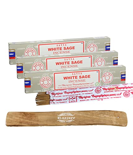Satya Nagchampa White Sage Incense Sticks, Satya Bng (Bangalore) Insenses 15gmx3 Pack (45 GMS) with Raajsee Incense Holder Bundle, Satya Nagchampa Natural Incense - color: White Sage