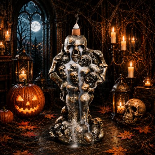 Resin Skull Reaper Backflow Incense Burner, Bronze Gothic Skeleton Tower with Creepy Hands & Smoke Waterfall Incense Holder +20 Incense Cones +1 Tweezer/Mat for Aromatherapy & Home Halloween Décor - color: Skulls Incense-copper