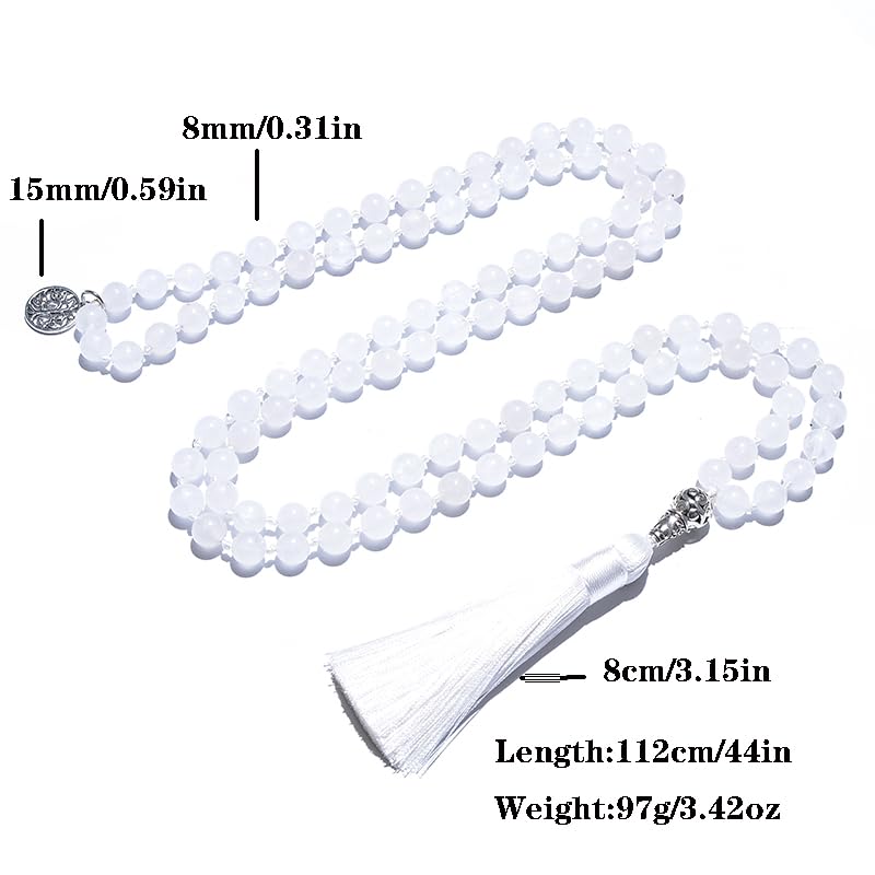 108 Mala Prayer Beads Necklace Natural Stones Meditation Yoga Jewery 108 Hand Knotted Japa Mala Beaded Long Tassel Necklace with Tree of Life Pendant for Men and Women - color: 8mm White Transparent Marble
