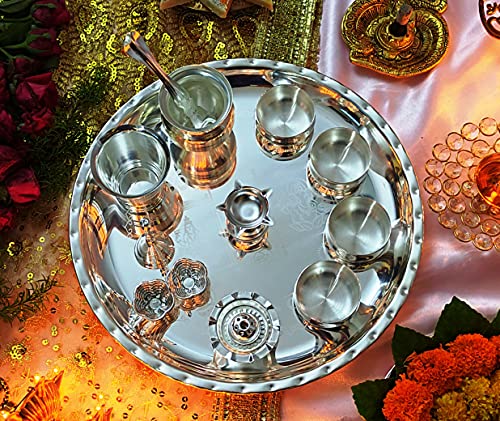 NOBILITY Pooja Thali Set Silver Plated Glossy Puja Thali Ganesha Laxmi Design Subh Labh Decorative Set wedding return gift items