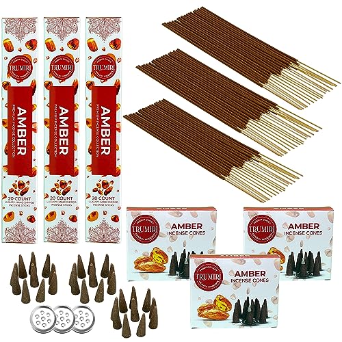 Amber Incense Sticks & Incense Cones Combo Pack - 60 Insence-Sticks + 30 Insence Cones - Inscense - Incense Cones Scented - Insents - color: Amber