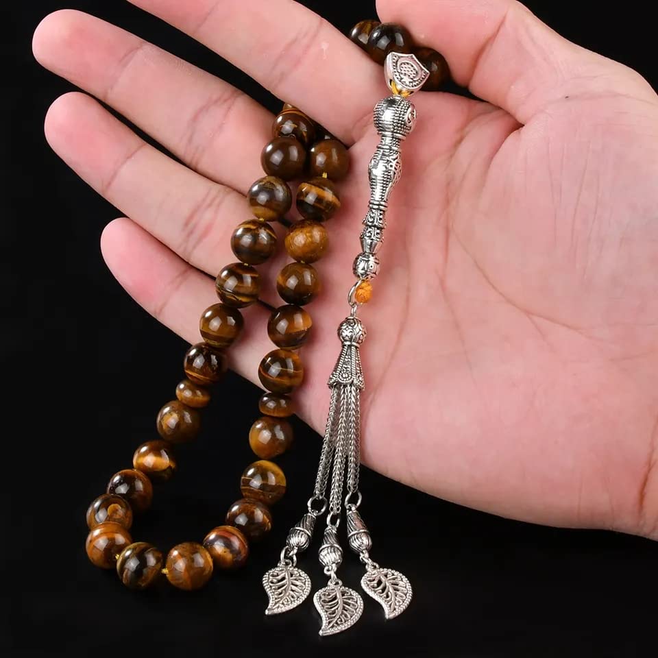 Tasbih Prayer Beads Tiger Eye Stone (33 Beads - 10 mm) - Muslim Rosary - Masbaha Finger Counter - Zikr, Dhikr Subha - Chapelet - Tasbeeh - Islamic Misbaha - Handmade Sibha - Ramadan Gift